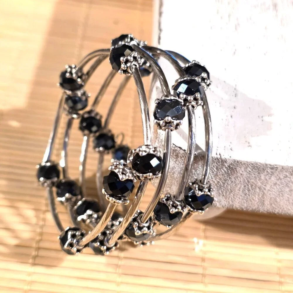 Silver Tone Crystal Wrap Bracelet With Black Faceted Beads & Filigree Details
